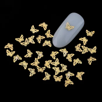 100 Adet / grup Altın Kelebek Metal Saplama Tırnak Çıkartmaları Ultra ince Gevreği Tırnak Taklidi Sevimli 3D Süslemeleri Charm Tırnak Sanat Perçinler