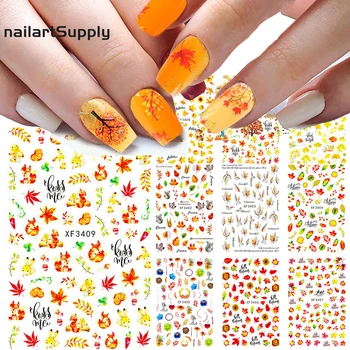 12 Sayfalık Set Sonbahar Yaprak Tırnak Sticker 3D Nail Art Yapıştırıcı Manikür Çıkartmaları Sincap / Tüy / Tilki Tasarım Şükran Altın Güz P#P