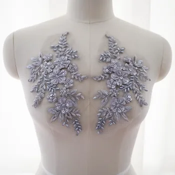 2 Adet Gri Pullu Nakış Boncuk 3D Çiçek Aplike Dantel Kumaş Yaka Yama Düğün gelin kıyafeti Elbise Elbise Dekor DIY El Sanatları