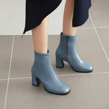 2020 kış sonbahar yeni mavi bej bayan ayakkabıları düz renk blok yüksek topuklu fermuar bayan yarım çizmeler moda patik boyutu 34-44