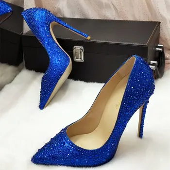 2020 yaz Ücretsiz kargo moda kadın pompaları mavi kristal Rhinestone sivri burun topuklu stiletto yüksek topuklu ayakkabılar gelin düğün