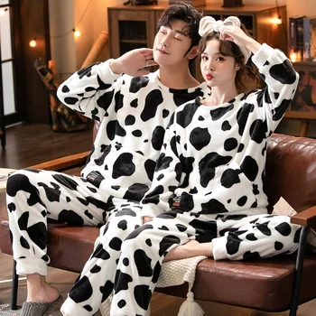 2021 Kış Çift Kalın Sıcak Pazen Pijama Setleri Kadınlar Uzun Kollu Sevimli Karikatür İnek Baskı Pijama Pijama Erkekler Gecelik Giyim