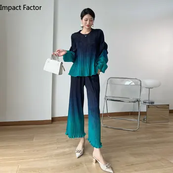 2022 Miyake issey Miyake Buruşuk Degrade Renk Seti Yeni Moda Kabarcık Kollu Erken Sonbahar Gevşek Rahat İnce İki parçalı Set (dişi) 0