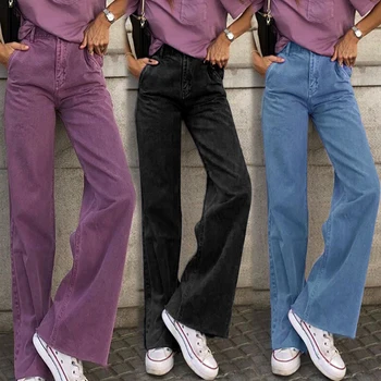 2022 Sıcak Satış Popüler Rahat Yüksek Bel Üç Renk Klasik Bayan Kot Yeni Moda Bayanlar Geniş Bacak Düz Slug Kot