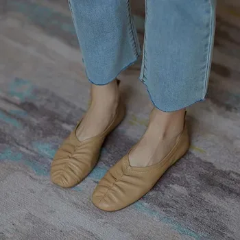 2022 Yeni Sonbahar Flats Ayakkabı Kadın Kare Ayak Pilili Sığ Bale Düz günlük mokasen ayakkabı Yumuşak Balerin Kadın Ayakkabı Zapatos Mujer