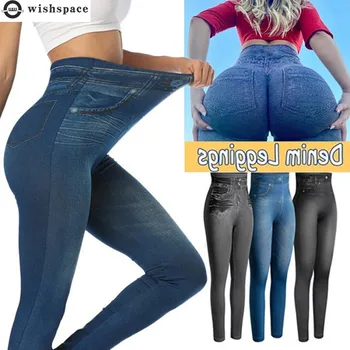 2022 Yeni Vintage Elastik Taklit Denim Tayt Yüksek Bel Slim Fit Kalça Tayt kadın Kot Pantolon Kadın Giyim Pantolon