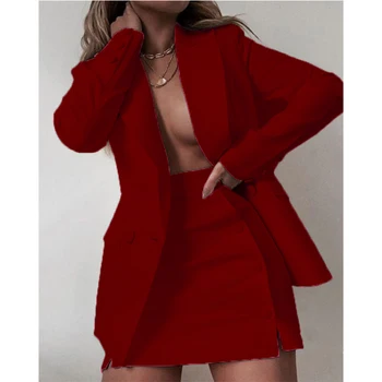2022 Yeni Yaz Kadın Rahat Blazer Etek Setleri 2 Parça Set Kadın Streetwear Uzun Kollu Katı Mont + İnce Etek Takım Elbise