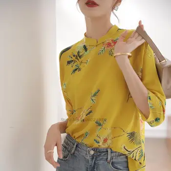 2022 çin geleneksel bluz cheongsam üst oryantal çiçek baskı şifon bluz kadınlar casual gevşek bluz tang takım elbise