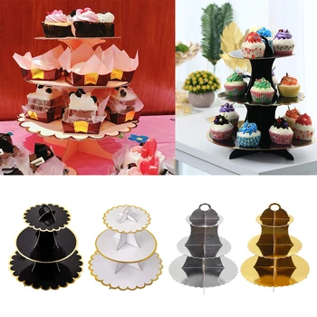 3 Katmanlı Yuvarlak Karton Cupcake Standı Tatlı Ekran Kulesi Tedavi Pasta Kek servis tabağı Yemek Rafı Düğün Parti Dekorları için 0