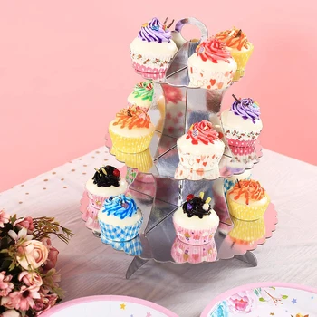 3 Katmanlı Yuvarlak Karton Cupcake Standı Tatlı Ekran Kulesi Tedavi Pasta Kek servis tabağı Yemek Rafı Düğün Parti Dekorları için 3