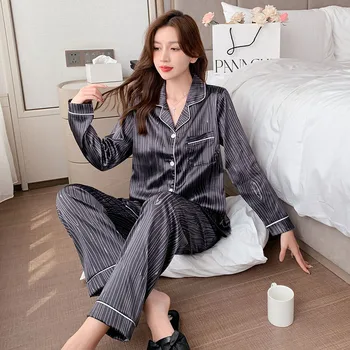 3XL-8XL Büyük Boy Çizgili Rahat pijama setleri Kadın Sonbahar Kış Uzun Kollu Üst Cep ve Bluz İpek Pijama Kadınlar için