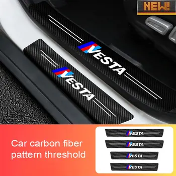 4 Adet Araba Sticker Kapı Karbon Deri Fiber Eşik Plaka Çıkartmaları Çıkartmaları Lada Vesta İçin 2015 2016-2019 2020 Model Oto Aksesuarları