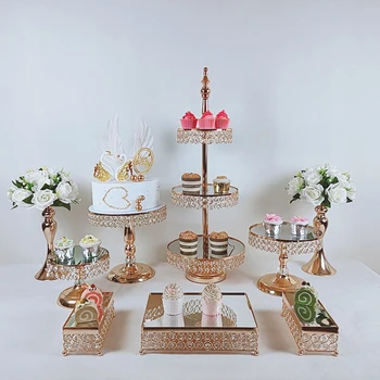 5-9 adet / grup gümüş yuvarlak tabak dekorasyon araçları kristal kek standı seti tatlı tepsi ayna 3 katlı karton cupcake standları