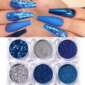 6 Kutuları / Set Tırnak Glitter Mavi Gri Renkli yanardöner Toz Parlak Parıldıyor Nail Art Sequins Pigment Gevreği Toz 3D Dekorasyon