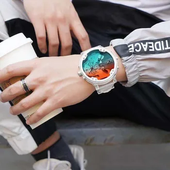 6cm Süper Serin Büyük Kasa quartz saat Erkekler Moda Erkek Saatler Şeffaf Silikon Spor Kol Saati Adam İkili Zaman Relogio Yeni 2