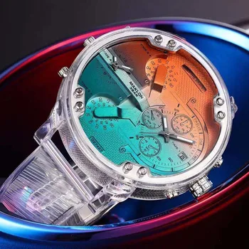6cm Süper Serin Büyük Kasa quartz saat Erkekler Moda Erkek Saatler Şeffaf Silikon Spor Kol Saati Adam İkili Zaman Relogio Yeni 3