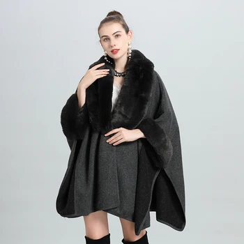 7 Renk Blok Kış Sıcak Artı Boyutu Gevşek Panço Palto Büyük Faux Kürk Boyun Şal Pelerin Kadın Kaşmir Outstreet Kalın Giyim ceket 5