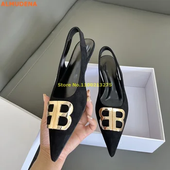 Altın Toka Singback Ayakkabı Seksi Sivri Burun Siyah Deri Düz Elbise Kadın Ayakkabı Geri Kayış Süet Gerçek Resim Üzerinde Kayma ayakkabı