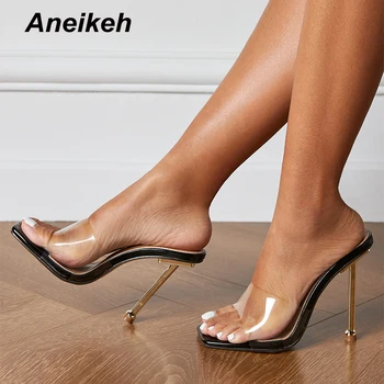 Aneikeh Yaz Kadın Ayakkabı Sandalet Slaytlar PVC Sığ Moda Özlü Yüksek Topuklu Dışında Kare Ayak Zapatos De Mujer Katı 2023