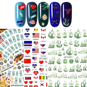 Avrupa ve Amerikan Klasik Bayrak Sticker Alev Aşk Dolar Banknot 3D Tırnak Sticker Moda Tırnak Sanat Tasarım Dekoratif Çıkartmaları 2