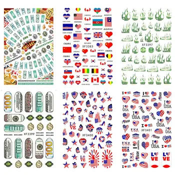 Avrupa ve Amerikan Klasik Bayrak Sticker Alev Aşk Dolar Banknot 3D Tırnak Sticker Moda Tırnak Sanat Tasarım Dekoratif Çıkartmaları 4