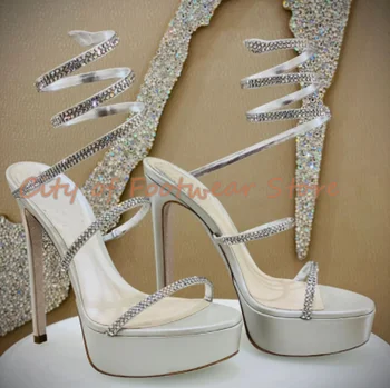 Ayak bileği Çözgü Kristal platform sandaletler burnu açık Gümüş Stilettos Yüksek topuklu Pompalar Rhinestone Yaz tasarım ayakkabı Kadınlar için