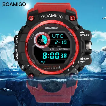 BOAMIGO marka UTC DST zaman yükseltmek için wake led ışık erkekler dijital spor kırmızı askeri saatler 50 m yüzmek su geçirmez lastik bant saat