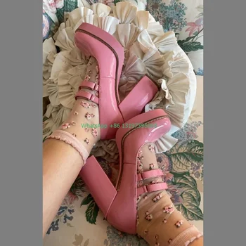 Bayan pembe zarif Mary Jane tıknaz topuk ayakkabı çift kayış yüksek topuklu yaz elbisesi ayakkabı günlük kapak topuk moda ayakkabı size43