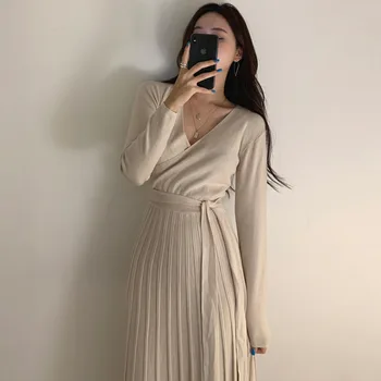 Bayan Şık Elbise Sıkı Kadın Örme Bodycon Parti Kalem Elbise Sonbahar Kış Katı Uzun Kollu V Boyun İnce Gece Kulübü Giyim 1