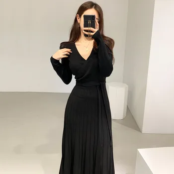Bayan Şık Elbise Sıkı Kadın Örme Bodycon Parti Kalem Elbise Sonbahar Kış Katı Uzun Kollu V Boyun İnce Gece Kulübü Giyim 2