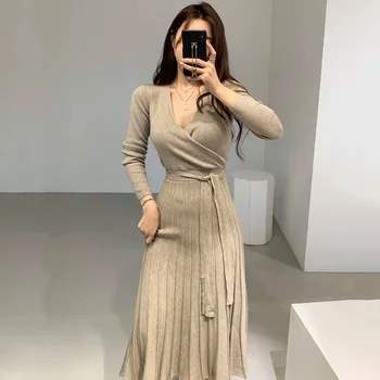 Bayan Şık Elbise Sıkı Kadın Örme Bodycon Parti Kalem Elbise Sonbahar Kış Katı Uzun Kollu V Boyun İnce Gece Kulübü Giyim 3