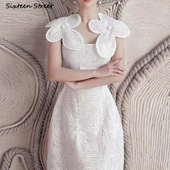Beyaz Dantel Elbise Kadınlar için Vintage 2023 Kolsuz Zarif Parti Elbise Bayan Giyim A-line Nakış Tasarım Vestidos Bahar
