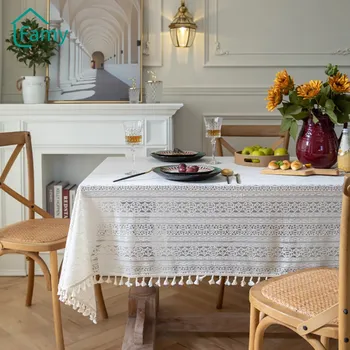 Beyaz Masa Örtüsü Tığ Işi Dikdörtgen Masa Örtüsü Işlemeli Dantel Bej Fransız Pastoral Hollow Düğün Kahve masa süsü