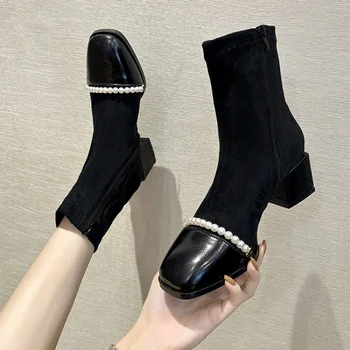 Boncuklu Ekleme Botları 2022 Yeni Moda kadın Kare Ayak Kalın Yüksek Topuk Kış Koyun Fermuar İnci Elastik Çorap Bayan Ayakkabıları