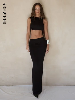 BoozRey Seksi Backless Backless Kolsuz Uzun Etek Seti Kadınlar için Zarif Parti Kulübü Giyim Yaz Sıska Bayan Elbise Elbise Seti