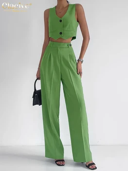 Clacive Moda Kolsuz Tank Top Kadınlar İki Parçalı Kıyafetler 2022 Zarif Yeşil Ofis Pantolon Setleri Rahat Yüksek Bel Pantolon Takım Elbise