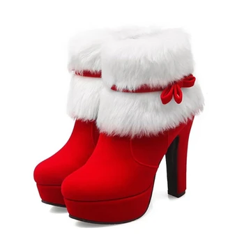 Comemore Kadınlar Noel Yüksek Topuklu Ayak Bileği Çizmeler Bayanlar Ayakkabı Femme Peluş Sıcak Kısa Çizme Kırmızı Siyah Küçük Artı Boyutu 34 43 Kış