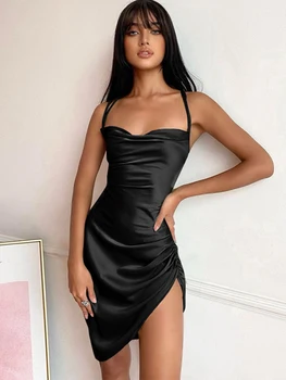 Cutenew kadın Siyah Mini Elbiseler Temel Bodycon dantel-up İnce Kadın Tatil Yeni Yıl Noel Partisi Kulübü Vestido Yaz 2022 0