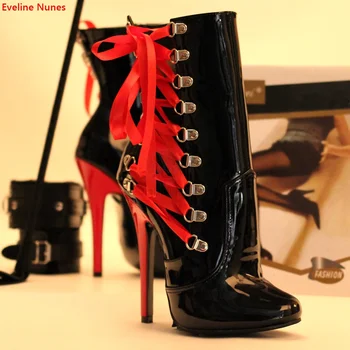 Dantel-up Sürükle Kraliçe Çizmeler kadın Karışık Renkler Patent Deri 14 CM Stiletto Yuvarlak Ayak Moda Avrupa Seksi Artı Boyutu Ayakkabı