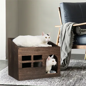 Dayanıklı Ahşap Kedi Mağara Yatak Mobilya Yavru Uyku Salonu Ev Yatak yastık pedi kum kabı Kapalı Kediler için