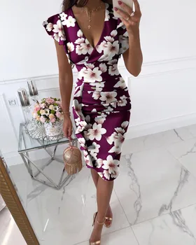 Düğme Midi Elbise Artı Boyutu 3XL vestidos Yeni Kadın Baskı Çiçek Şerit uzun elbise Seksi V Yaka Sleevele Plaj Rahat Boho