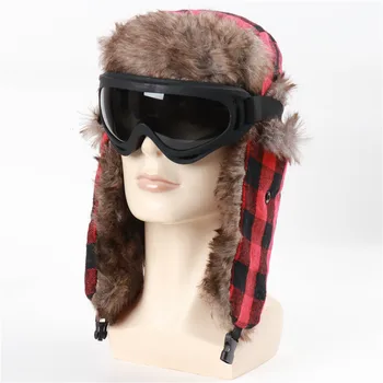 Ekose Tasarım Kış Bombacı Şapkalar Kadın Erkek Termal Sahte Berber Polar Kış Kulaklığı Kap Rus Ushanka Şapka Gözlük bisikletçi şapkası