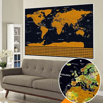 En kaliteli Altın Çizik kapalı Dünya Haritası, Gezginler için Mükemmel Haritası Ülke Bayrağı Duvar Sticker Oturma Odası Ev dekor boyama