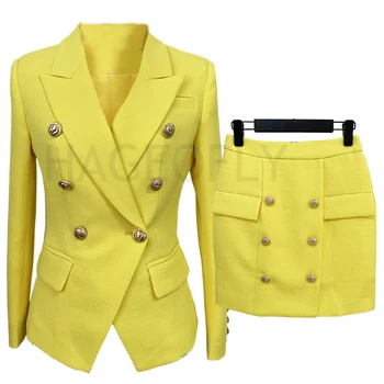 Etek Blazer Sarı Takım Elbise Kadın Altın Kruvaze Düğme Nane Yeşil Pamuk Keten Blazers Etek İki Parçalı Setleri Blazer Takım Elbise