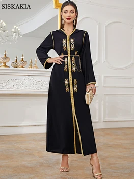 Fas Kaftan 2022 kapüşonlu elbise Taklidi İşlemeli Trim Yarık Hem Kuşaklı Kaftan Abayas Ücretsiz Kargo Suudi Arabistan