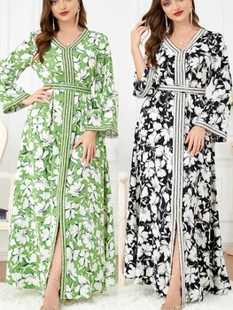 Fas Parti Elbise Müslüman Kadınlar Abaya Namaz Kaftan V Boyun Maxi Elbiseler Robe Hindistan Abayas Dubai Türkiye Longue Vestidos Largos