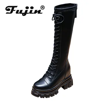 Fujin 8.5 cm PU Sentetik Modern Gizli Topuk Bayanlar Moda Kadın Fermuar Sonbahar Bahar Platformu Diz Yüksek Patik Kadın Ayakkabı
