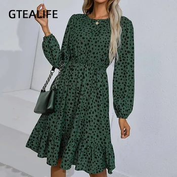 GTEALIFE Yeşil Kadın Sonbahar Kış Dalmaçyalı Baskı Fırfır Etek Midi Zarif Elbise Boho O Boyun Uzun Kollu Plaj Parti Elbiseler