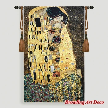 Gustav Klimt Öpücük (Altın) Goblen Duvar Asılı Jakarlı Örgü Goblen Ev Tekstili Sanat Dekorasyon Aubusson Pamuk %100 % %