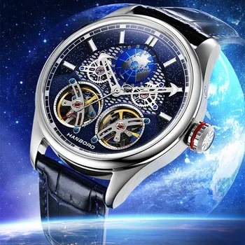 HANBORO Çift Volan Küre İskelet İzle Erkekler Paslanmaz Çelik Otomatik Mekanik İzle Yıldızlı Gökyüzü Erkekler kol saati Yeni